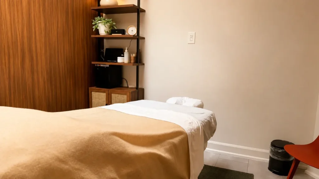 Treatment room with massage table at Myocare RMT Wellness Leaside